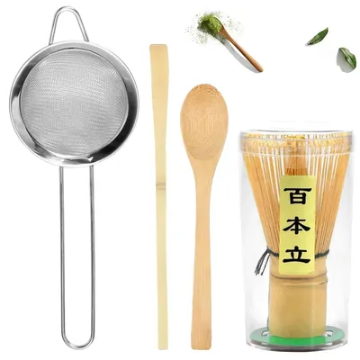 4Pcs Matcha Whisk Set Handmade Bamboo Matcha Whisk Traditional Tea Scoop Deep Scoop Tea Strainer