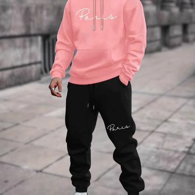 TEMU Paris Print Men's Casual Hoodie And Matching Sweatpants Set, 2pcs Loose Comfy Outfit Image