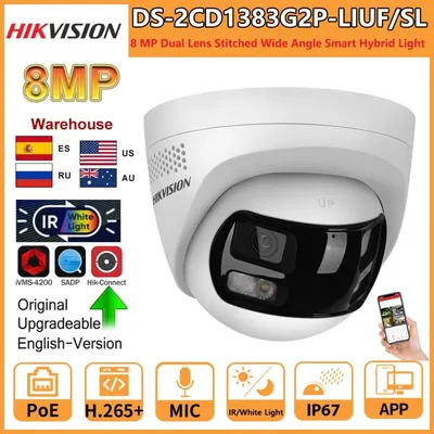 Hikvision 8MP IP Camera DS-2CD1383G2P-LIUF/SL Dual Lens 180° View Smart Hybrid Light Camera 2-way Audio Strobe Light Audio Alarm