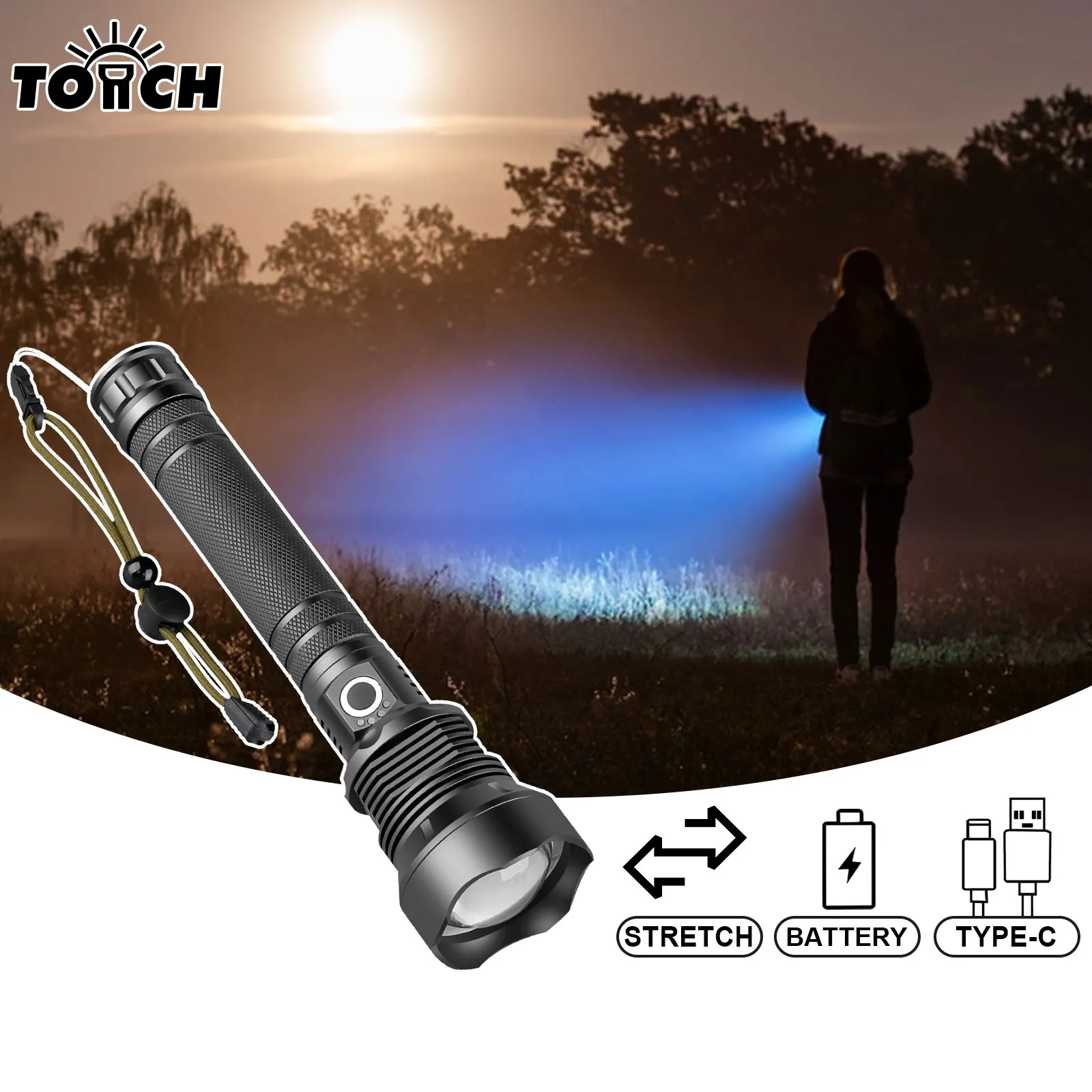 Wiederaufladbare LED-Taschenlampen mit hohem Lumen, taktische XHP70- und COB-Taschenlampen mit zoombarer, wasserdichter, superheller Taschenlampe Image