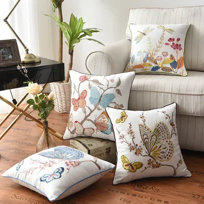 Schmetterling Kissen bezug 45x45cm Blumen Landhausstil Kissen bezug Baumwolle Stickerei quadratische Image