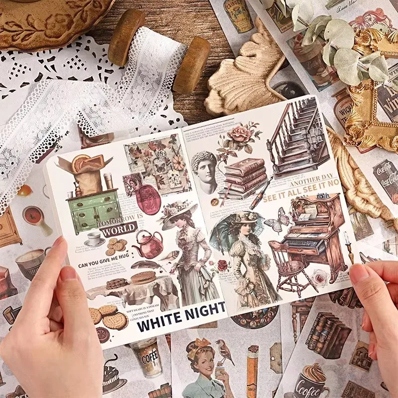 24 Blatt/Packung Gestanzte Washi-Papier-Aufkleberbuch Old Dream Return Retro Vintage Elements Journaling Scrapbook Kreative Aufkleber Image