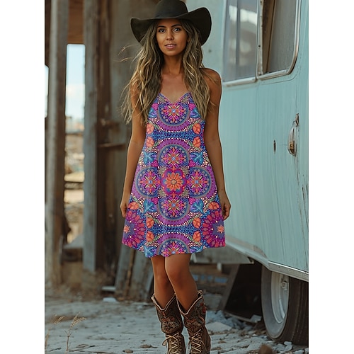 Abito da Donna Boho Abito Occidentale Abito Mini Vintage Abito Estivo Abito a Linea Abito Unterwäsche Abito Senza Spalline Vacanze Casual Uscita Spiaggia Grafica Geometrica Tribale V Collo Spaghetti