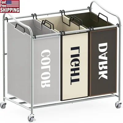Sturdy 3-Bag Laundry Sorter Rolling Cart with Durable Steel Frame and Heavy Duty Casters Convenient