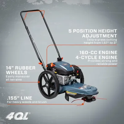 High Wheel Gas Walk Behind Brush Cutter and String Trimmer, 22-Inch Swatch with .14" Rubber Wheels,