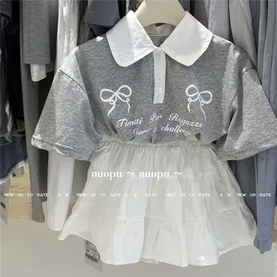 Fashion Girls Skirt Sets Summer Bow Printed Clothing Suits Polo Shirts+Cake Skirts 2Pcs Children
