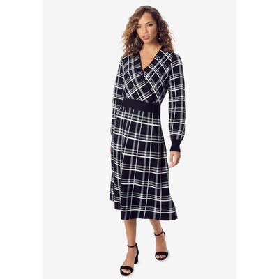 Plus Size Women's Tartan Fit-And-Flare Sweater Dress by Roaman's in Black White (Size 2X (18/20))