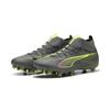 Fußballschuh PUMA "ULTRA 5 MATCH+ FG/AG Fußballschuhe Erwachsene", Gr. 41, matte aged silber gelb alert blau gray, Obermaterial: Synthetik, Textil; Futter: Synthetik, Textil; Innensohle: Textil; Laufsohle: Synthetik, Schuhe
