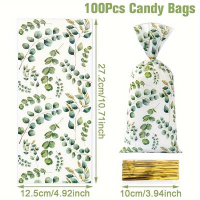 TEMU 25/50/100pcs Green Eucalyptus Leaves Candy Bags, Cookie Nut Snack Packaging Bags, Wedding Party Gift Bags, Gender Reveal Plastic Candy Bags, Baby Shower Decoration Supplies Image