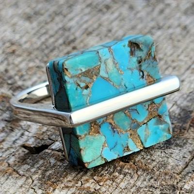 TEMU Vintage Bohemian Turquoise - Copper Band With Intricate Stone Detail, Ideal For Casual Attire & Gifting, Christmas , Holiday Accessory| Ring|turquoise Stone Ring Image