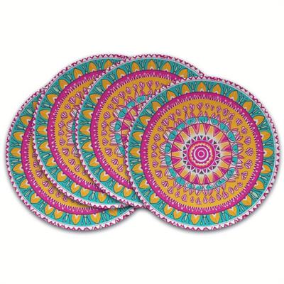 TEMU 4pcs Bohemian Floral Linen Placemats, 15 Inch Round Non-woven Table Mats, Hand Wash Only, Decorative Dining & Kitchen Pads, Housewarming & Holiday Gift Image