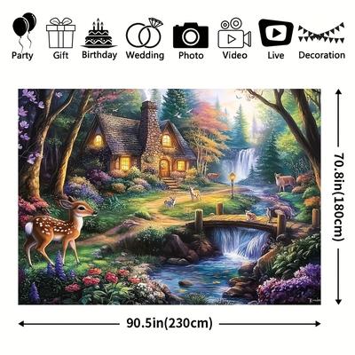 TEMU 1pc Forest & Deer Elf Princess Fairy Cabin Wall Mural - Polyester, Ideal For Indoor/outdoor Decor, Photography Studio Background, Versatile Seasonal Use Image
