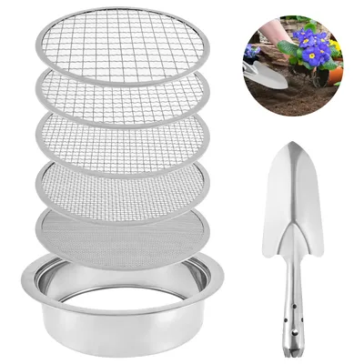 7Pcs Soil Sieves Mesh Set Stainless Steel Garden Soil Stone Filtration With Shovel 9.45inch Diameter Riddle Sieve Set