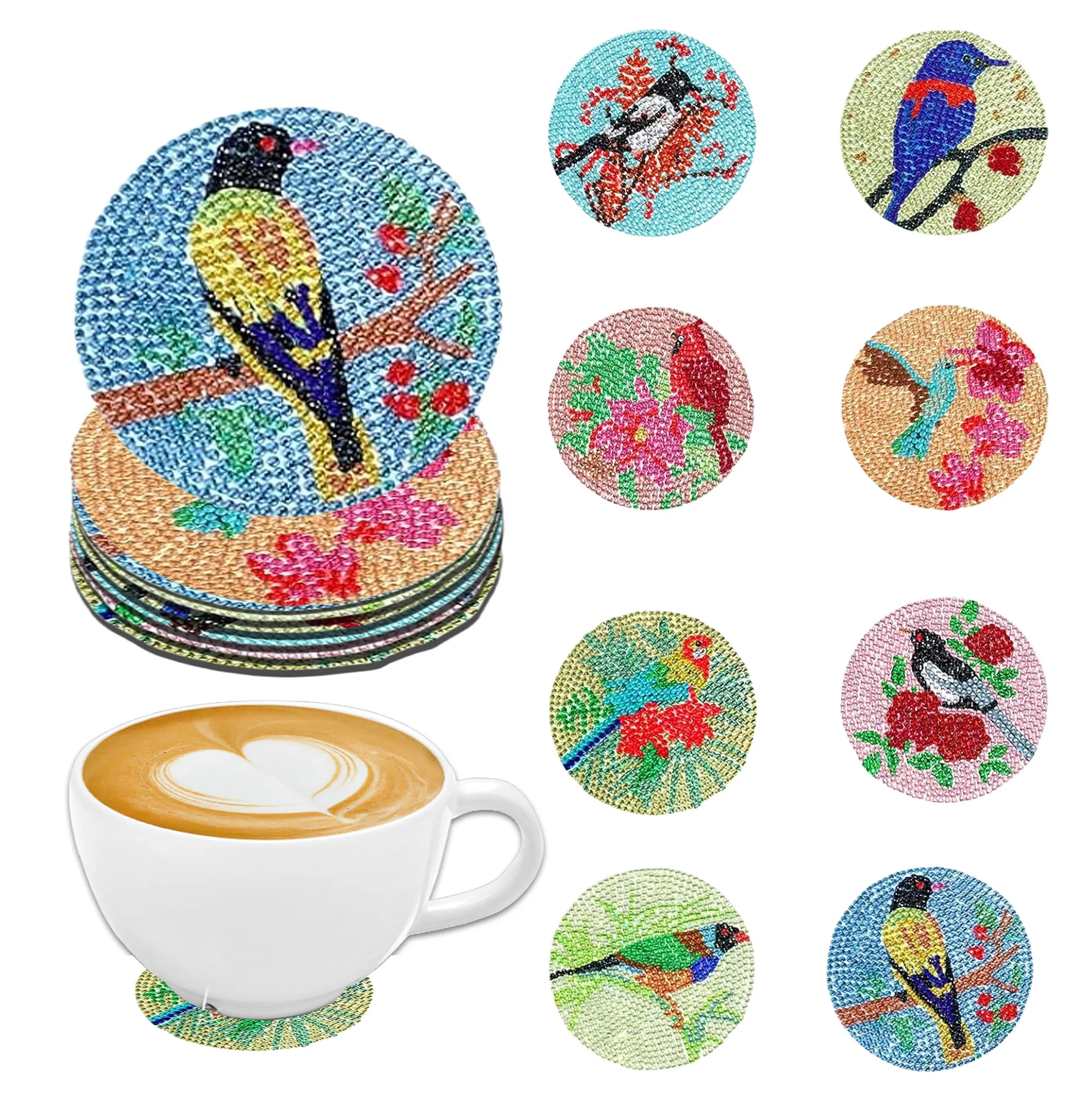 8-teiliger Untersetzer mit Vogelmuster zum Selbermachen, Diamant-Kunstmalerei, ohne Getränkehalter, Holzuntersetzer für Wohnzimmer, Büro, Bar, Restaurant Image