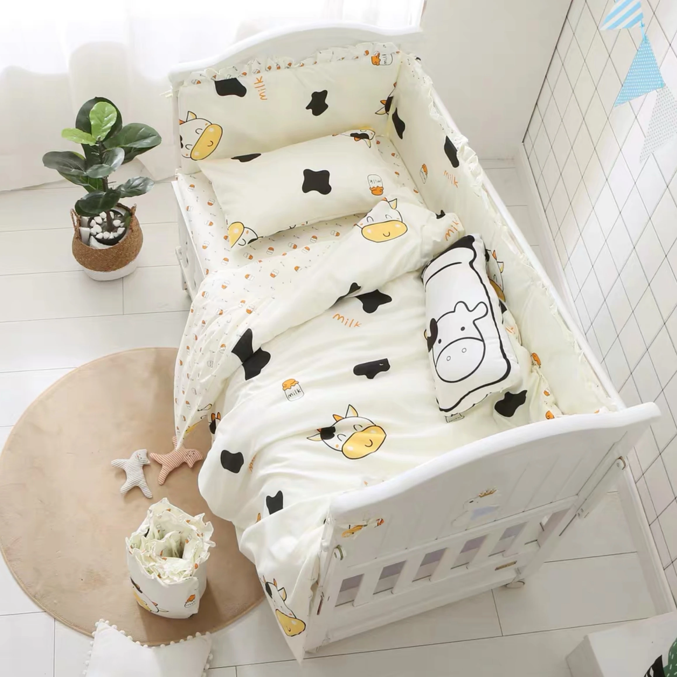 5 Stück Cartoon Kuh Baby Junge oder Mädchen Baumwolle Kinderzimmer Kinder bett Bettwäsche Set Krippe Sets (4 Stoßstangen Blatt)