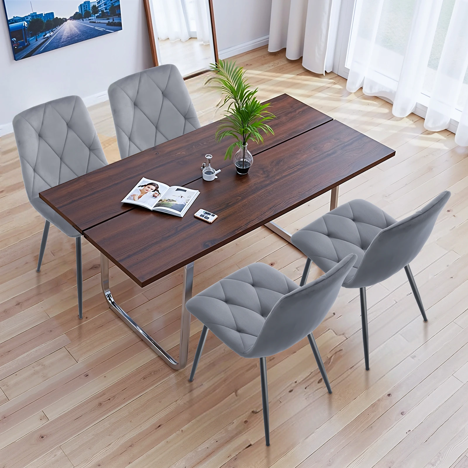 4er Set Esszimmerstühle mit Rückenlehne, Küchenstuhl mit Samtbezug Polsterstuhl aus Metall, ergonomischer Stuhl für Esstisch, Grau