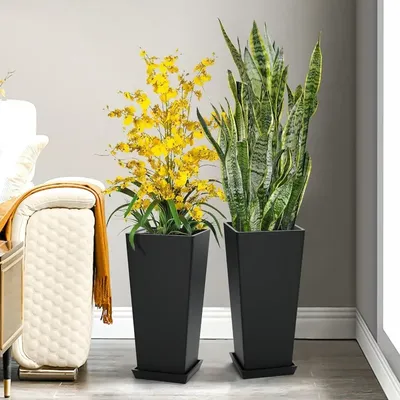 Set Of 2 Large Tall Planter For Indoor Or Outdoor 24" Tall Flower Pots Tapered Tall Planters With