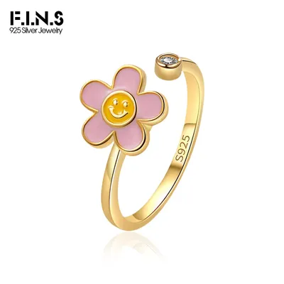 F.I.N.S S925 Sterling Silver Sunflower Smile Face Spinning Open Rings Anxiety Relief Cubic Zirconia
