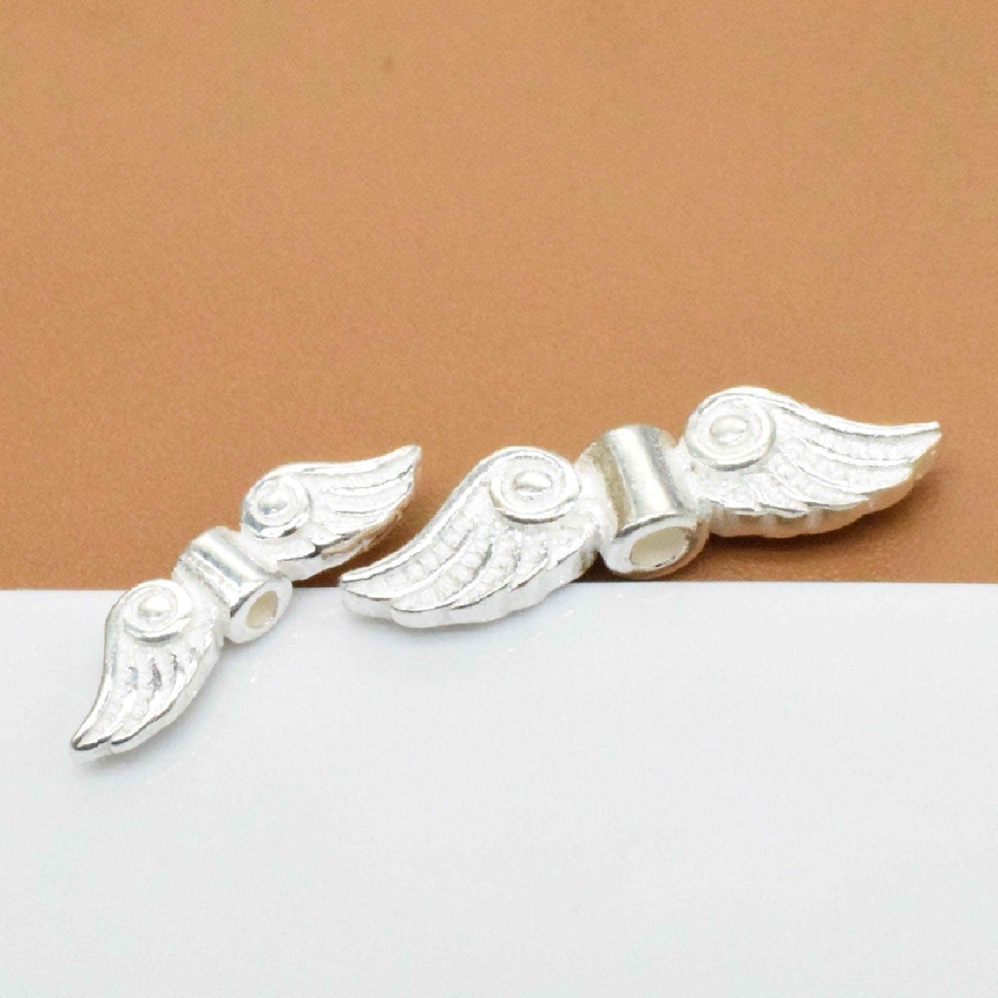 4 perline a forma di ala d'angelo in argento sterling, perline a forma di ala in argento 925, perline a forma di ala d'angelo lucide, perline a forma