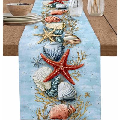 TEMU A Item, A Blue Ocean-themed Tablecloth Featuring Coastal Starfish And Shells, With Vibrant Red Starfish And Colorful Shells, Made Of 100% Polyester, Weddings, Parties, And Kitchen Dining Decor. Image