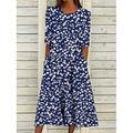 Robe midi pour femme Robe A Line Robe T-shirt Robe Tee Robe d'été Bohème Vacances Vintage Ajustement régulier Imprimé floral Imprimé floral court Manches courtes Col rond Bleu marine Bleu clair Été