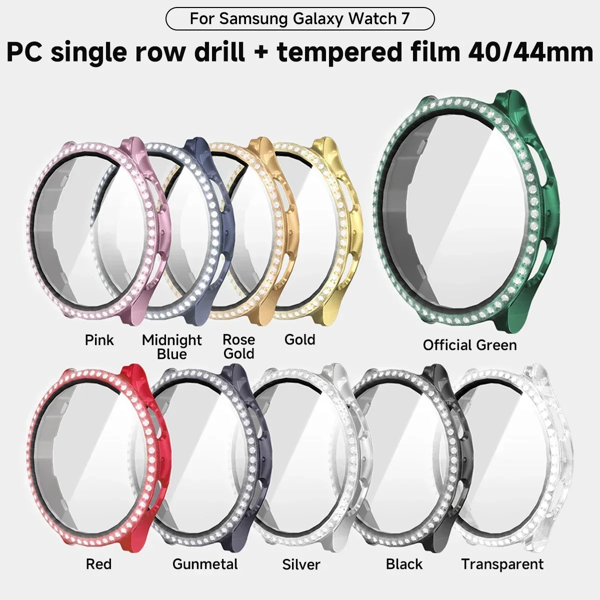 Hülle für Samsung Galaxy Watch 7, 6, 5, 4, 40 mm, 44 mm, Displayschutzfolie, PC-Stoßstange, gehärtetes Glas, Diamant-integrierte Schutzhülle Image