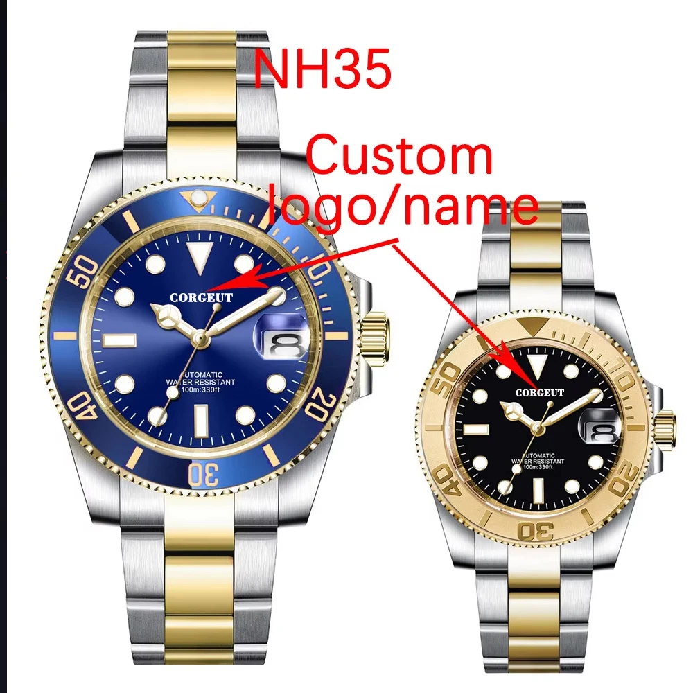 Individuelles Logo NH35 MIYOTA 8215 Automatik-Herrenuhr Luxus-Taucheruhr Zweifarbig Gold 316L Edelstahl Saphirglas 10ATM Steril Sunburst-Zifferblatt Image
