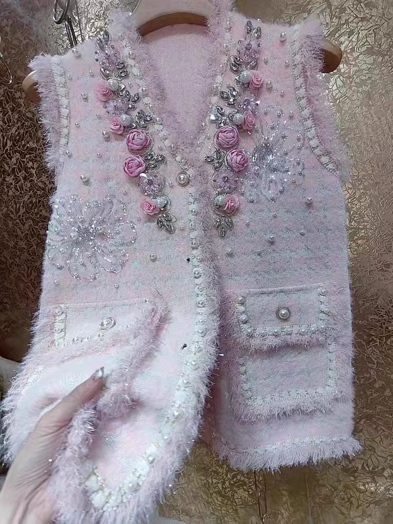 Schwere Industrie 3D Blumen Perlen Perlen Diamanten Verdickte Kunstpelz Weste Strickjacke Für Frauen Gestrickte Ärmellose Pullover Mantel Image