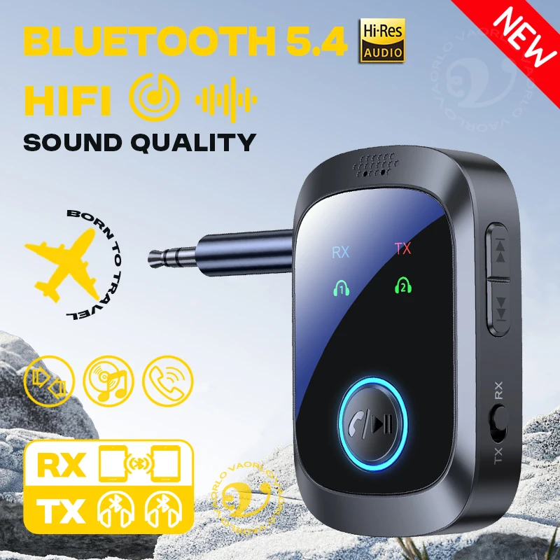 2-in-1 Bluetooth 5.4 Audio-Empfänger-Sender Multipoint Dual Stream Wireless Adapter mit Mikrofon 3,5 mm AUX Hifi HD Stereo-Musik mit geringer Latenz für Auto, Flugzeug, TV, PC, Kopfhörer, Lautsprecher Image