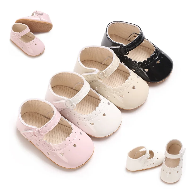 Einfarbige Mary-Jane-Schuhe für Babys mit weicher Gummisohle, rutschfeste Frühlings- und Herbst-Prinzessinnenschuhe, geeignet für Babys von 0–18 Monaten