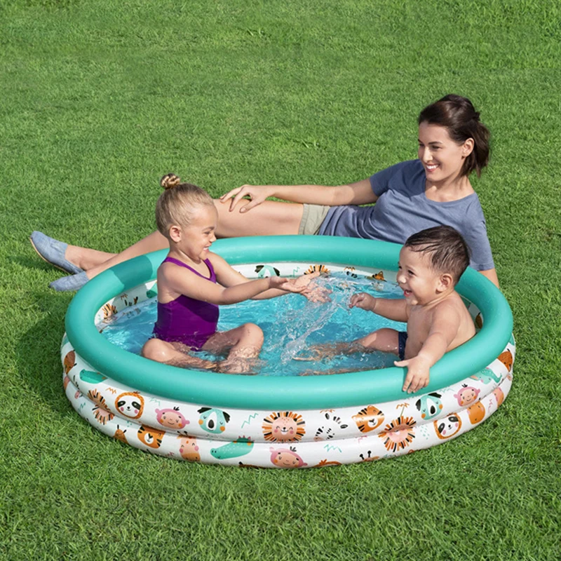 40/48 Zoll x 10 Zoll aufblasbarer runder Baby-Schwimmbecken mit 3 Ringen, Kleinkind-Bällebad mit Tiermuster, ab 2 Jahren Image