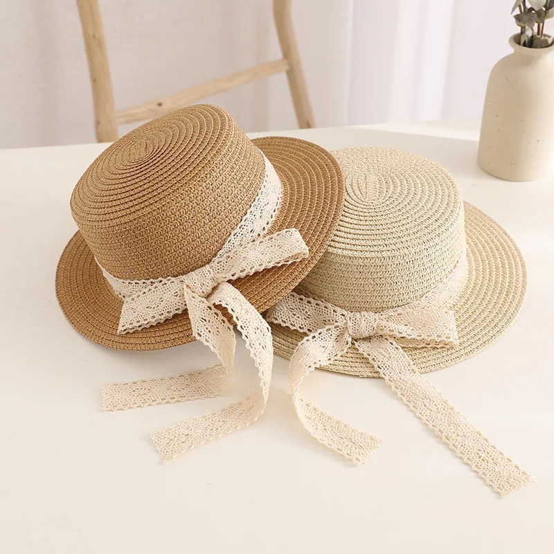 Nette Schleife Spitze Mädchen Strohhut Frühling Sommer Atmungsaktive Sonnenschirm Kinder Sonnenhut Outdoor Reise UV Schutz Kinder Panama Kappe Image