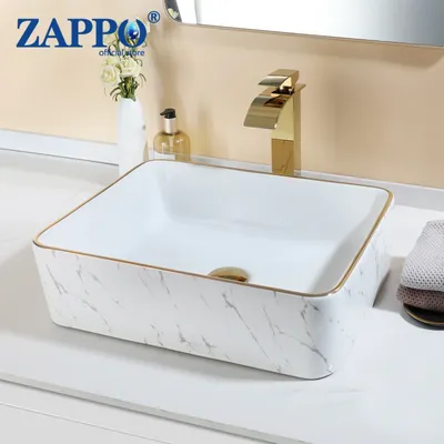 ZAPPO 19" White Ceramic Bathroom Vessel Sink with Gold Faucet Marbled Rectangular Above Counter Sink
