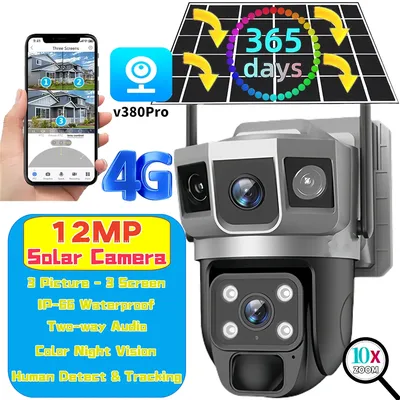 V380 Security Camera: 3-Screen 4G Outdoor Solar Monitor, 12MP HD Wireless, No-Plug Needed, 360°