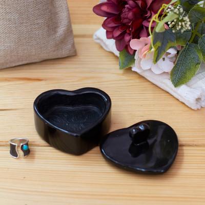 'Heart-Themed Carved Black Marble Decorative Jewelry Box'