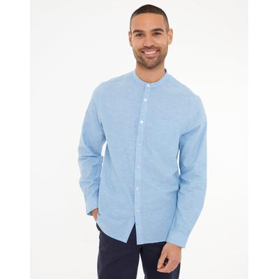 Threadbare Men's Denim Blue Grandad Collar Linen Blend Long Sleeve Shirt