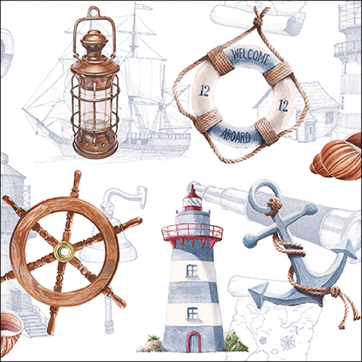 Ambiente 20 Servietten Papier 33x33cm 3-lagig - maritime Einweg Papierservietten Sommerdeko Leuchtturm Anker Küste Steuerrad BBQ Hochzeit Grillfest Meer Image