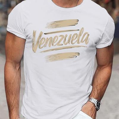 TEMU Men's Venezuela Tee - Casual Short Sleeve, Black Polyester T-shirt With Golden & , Machine Washable For Summer, Casual Summer Wear| Print|smooth Fabric Image