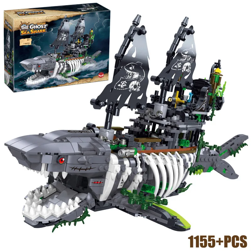 1155PCS MOC Kreative Shark Skeleton Piraten Schiff Modell Micro Bausteine Bricks Set Geist Piraten Boot Kits Spielzeug Für kinder Geschenk Image