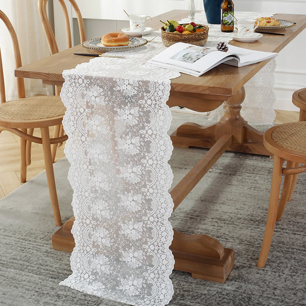 Weiß Beige Spitze Tischläufer Stickerei Baumwolle Spitze Stoff Tischdecke Blumenspitze Tischläufer Vintage Hochzeit Tea Party Dekor Image
