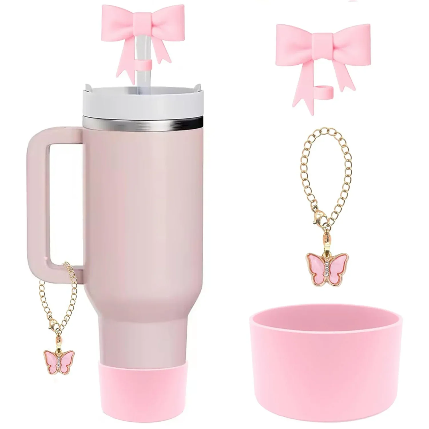 Schleife Strohhalm-Abdeckung für Stanley Cup, Silikon-Topper, rosa Schmetterlingskette, Silikonstiefel, rosa Tasse, Zubehör-Set für 30/40 OZ Tumbler Image