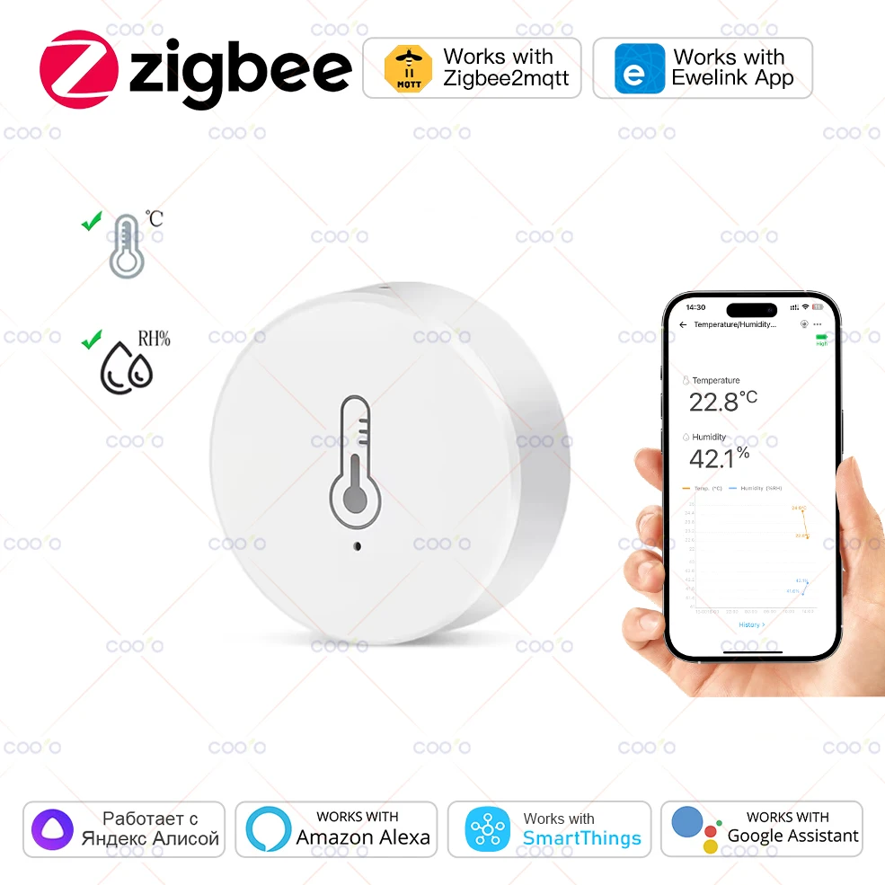 Intelligenter ZigBee-Temperatur- und Feuchtigkeitssensor, batteriebetriebenes Mini-Hygrometer für den Innenbereich, funktioniert mit Alexa, Google Home Yandex Image
