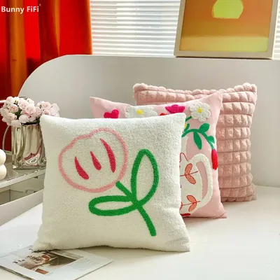 Französische rosa Blumen-Kissenbezüge, flauschige Blumen, bestickt, Dekokissenbezug, Wohnzimmer, Image