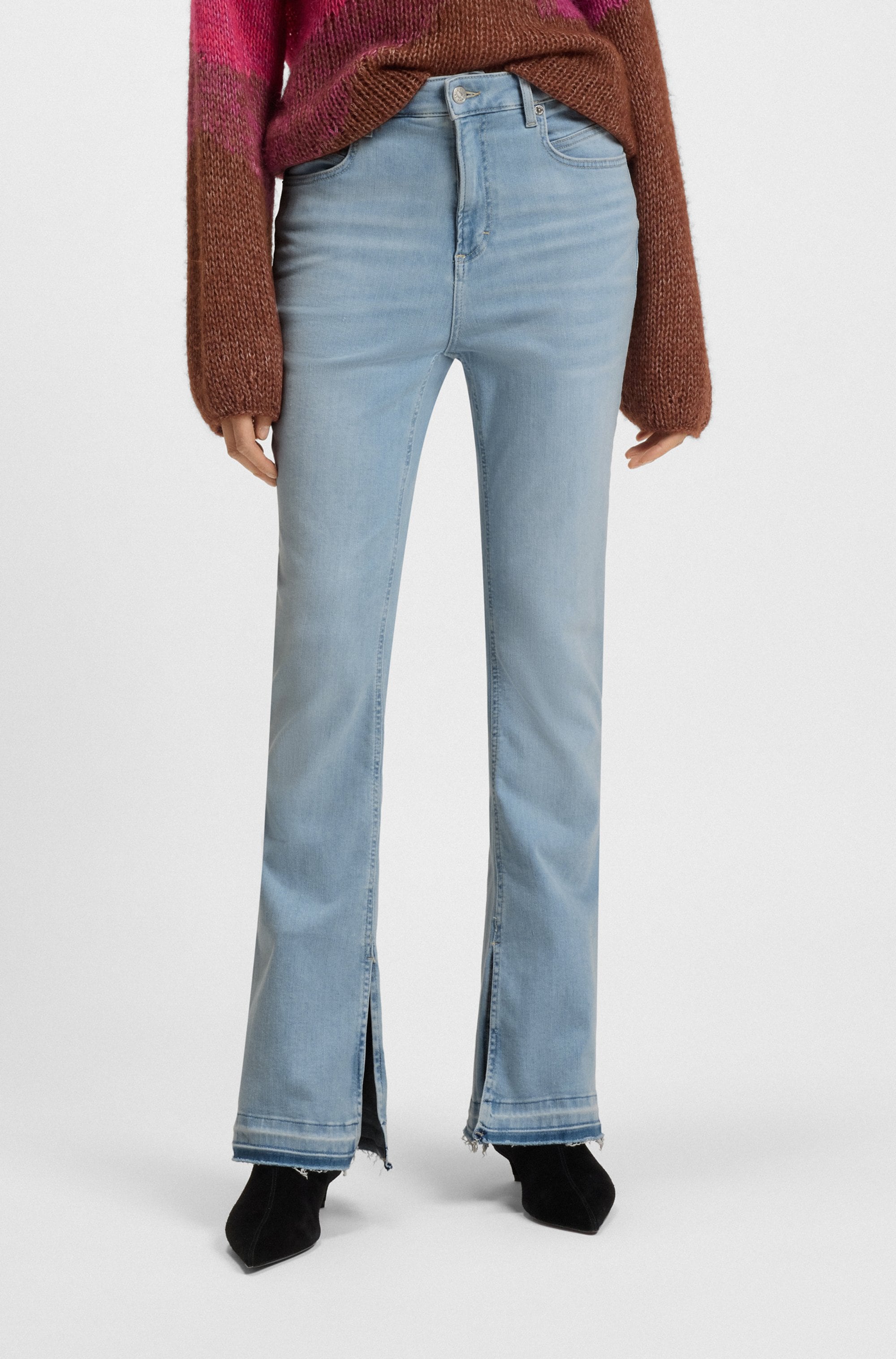 Bootcut-Jeans BOSS ORANGE "Rosa High Rise Bootcut Premium Damenmode", Damen, Gr. 30, Länge 32, blau (bright blau 432), Denim/Jeans, Obermaterial: 92% Baumwolle, 6% Polyester, 2% Elasthan, unifarben, bootcut fit, Jeans, knöchelfrei