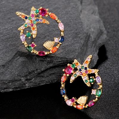 TEMU Boho Nautical Fashion Starfish & Shell Earrings For Women - 18k Golden Plated Copper With Zirconia Inlay, Nickel-free Posts, 2-piece Set, Ideal For Vacation, & Festival Celebrations Image