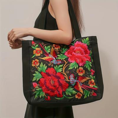 TEMU Women's Ethnic Embroidered Tote Bag - Vibrant Floral & Bird Design On Black, Zipper Closure, Durable Spacious Casual Shoulder Bag For Everyday Use, Intricate Embroidery Image