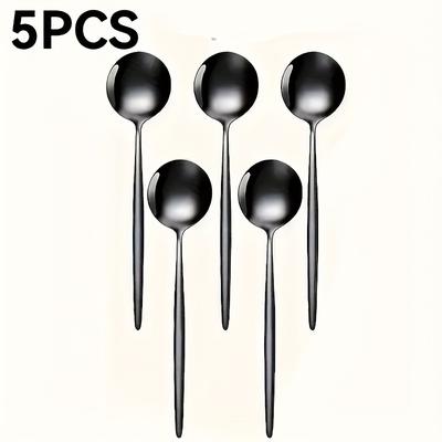 TEMU Set Of 5 Black Stainless Steel Coffee Spoons - Mirror Polished, Dishwasher Safe, Ideal For Coffee, Sugar, Desserts - Home, Kitchen, Restaurant Use Image