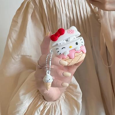 TEMU A Cute Cartoon Earphone Storage Box With A Keychain, Anti-fall And , Suitable For Hello Kitty Ice Cream-shaped Silicone Protective Case For Airpods Pro Image