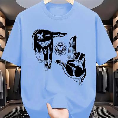 TEMU 1pc Men's Casual Round Neck Short Sleeve T-shirt, Fashionable , With Gesture Print, For Adults Image