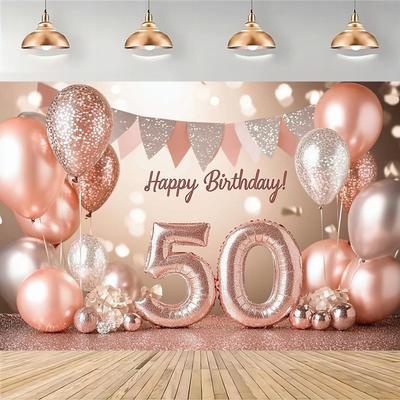 TEMU 1pc Elegant Rose Golden '50' Birthday Banner - & Polyester Backdrop, 39×59in .8×90.5in, Milestone Celebrations, Weddings, Christmas & All Image